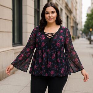 Torrid Floral Chiffon Blouse w/ Lace & Sheer Bell Sleeves, Lined